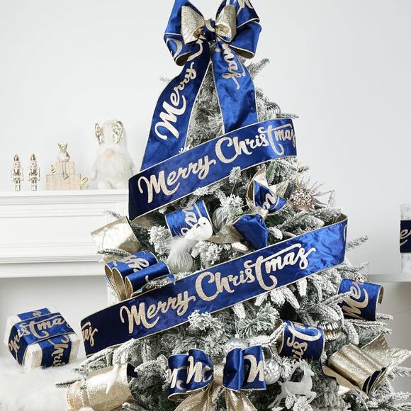 Christmas Velvet Wired Ribbon 4" Blue & Gold Merry Christmas 10 Yds - Picture 5 of 7